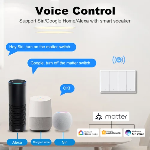 Imagen 2 del producto Smart Life Matter-interruptor de luz WiFi, sin cable neutro y cable neutro, pulsador estadounidense, interruptor de pared físico para Alexa, Google Home, Tuya