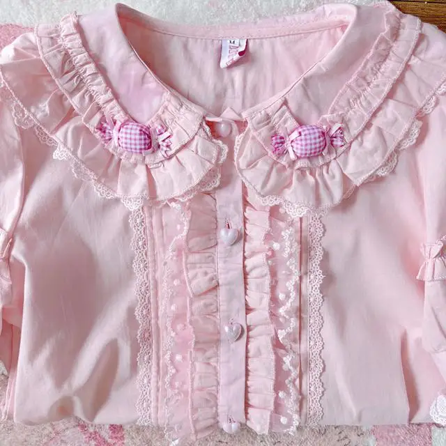 Neue japanische Lolita-Stil Frauen lange kurz ärmel ige süße Peter Pan Neck Spitze gekräuselte Prinzessin Shirt