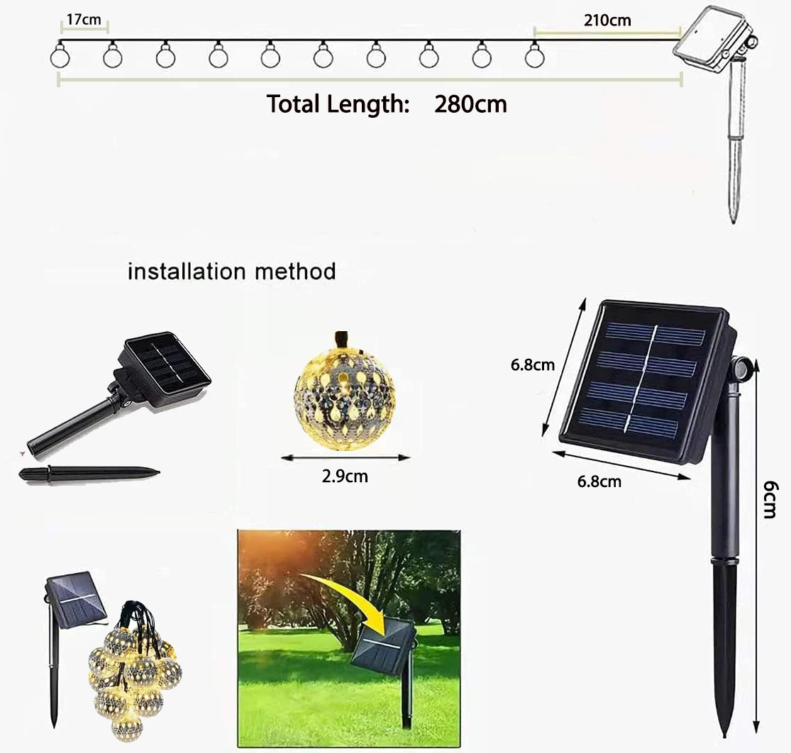 Марокканская гирлянда с серебряными металлическими шариками на солнечной батарее, Подвесная лампа, искусственный шар, Сказочная лампа для наружного сада, двора, праздничный Декор