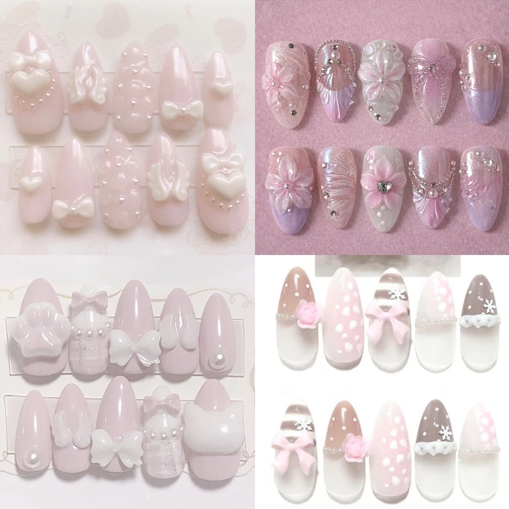 

2026 Summer 3D Handmade Flower Press On Nails French Bare Color Gel Shell Vacation Gifts Fake Nails Pink Sweet Customization
