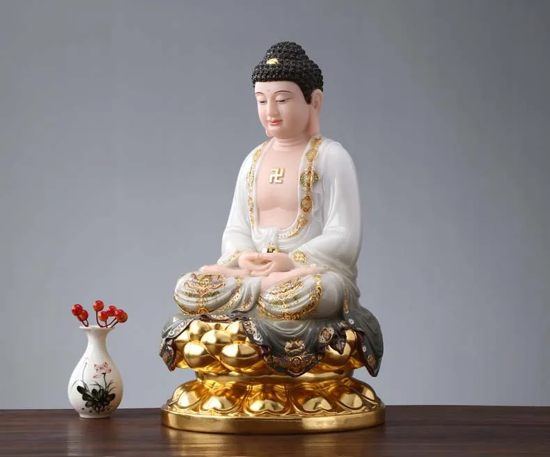 30cm LARGE Buddhist high-grade home TOP efficacious Talisman Mascot Sakyamuni Amitabha Buddha color gilding Sculpture statue