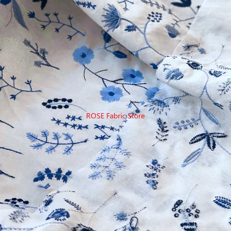 

Blue Flower embroidery cotton fabric for skirts, dress, blouse, tops, table cover, costumes design, hair accessories sewing