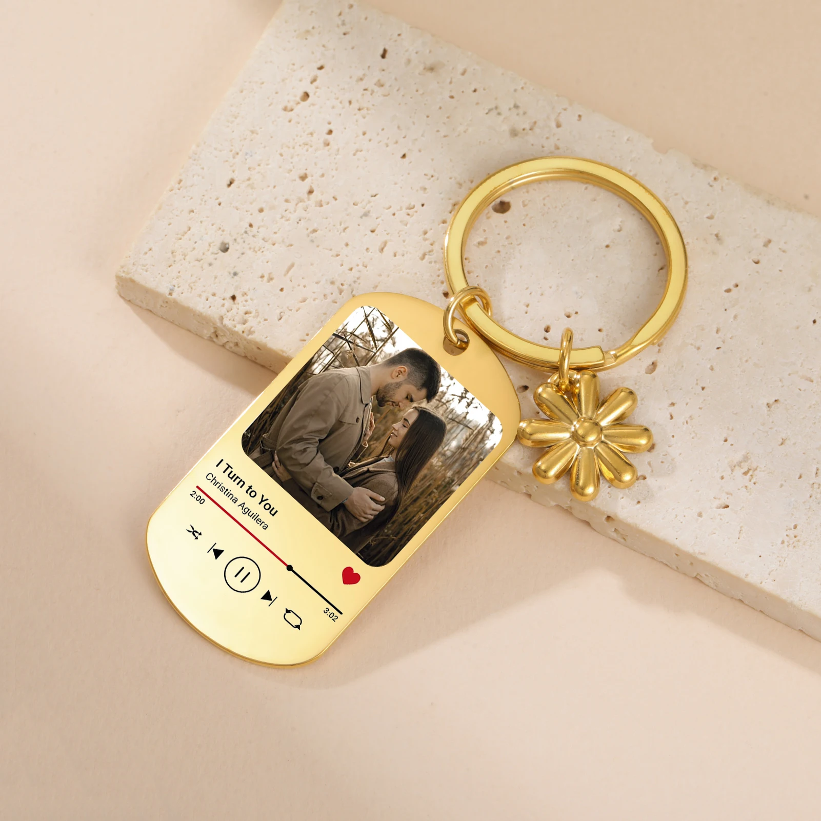 Customized Photo Text Keychain Square Flower Pendant Women Men Stainless Steel Jewelry Personalized Party Couple Christmas Gifts view 3