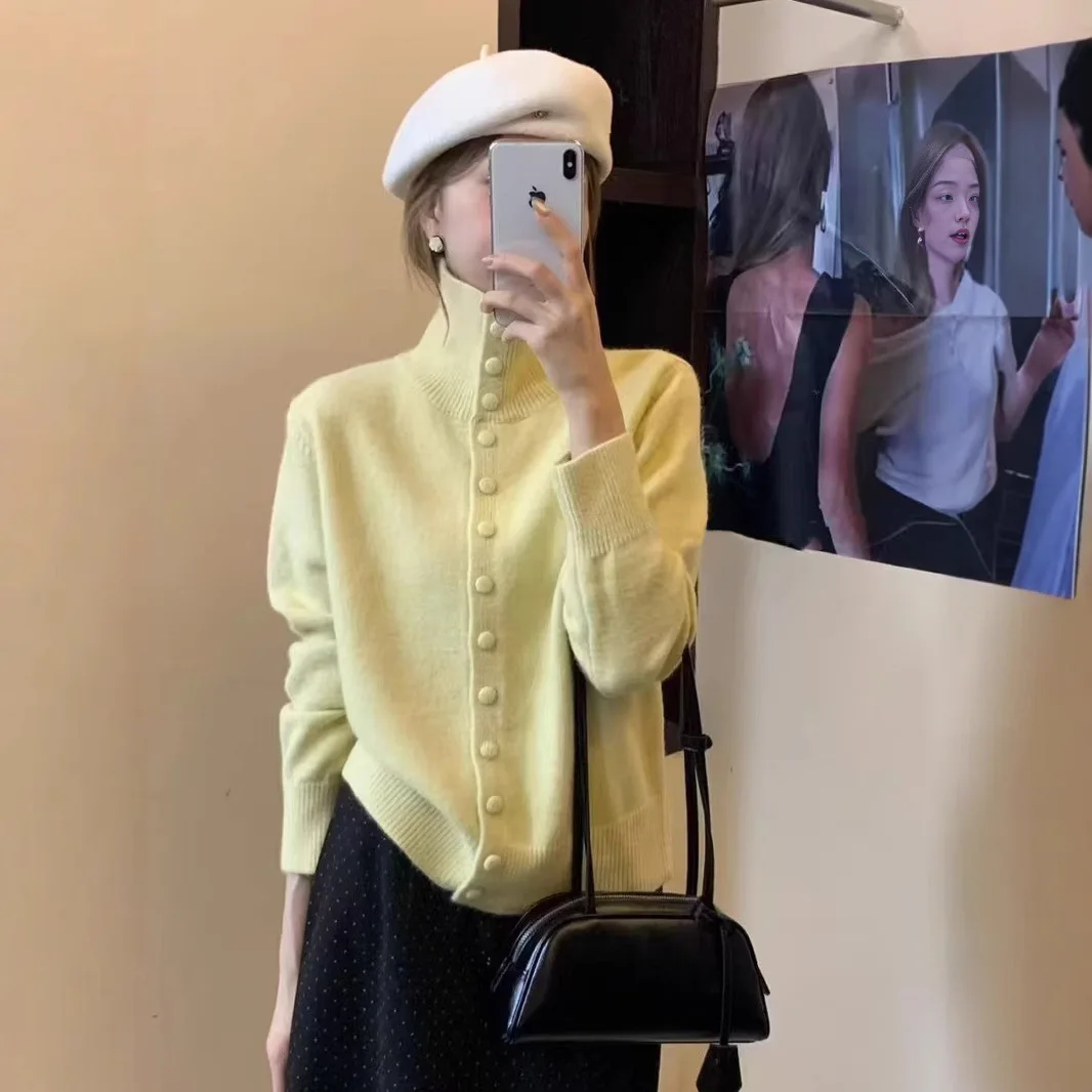 

Корейский вязаный кардиган с высоким воротником, мягкий и уютный, женский, стройнящий, на одной пуговице, универсальный свитер-жакет