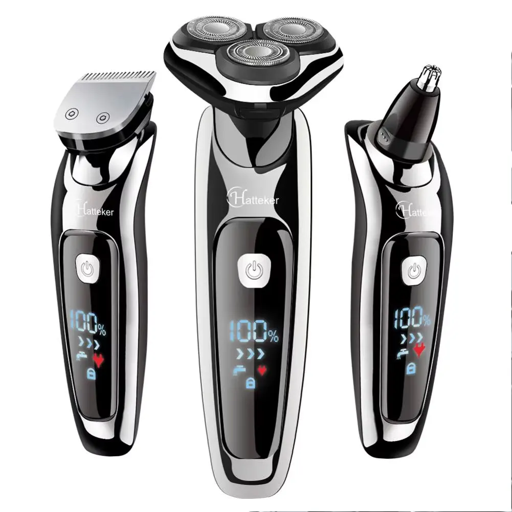 Hatteker 3-en-1 tondeuse à barbe pour homme Kit de toilettage rasoir électrique hommes nez coupe-cheveux avec affichage LED USB Rechargeable