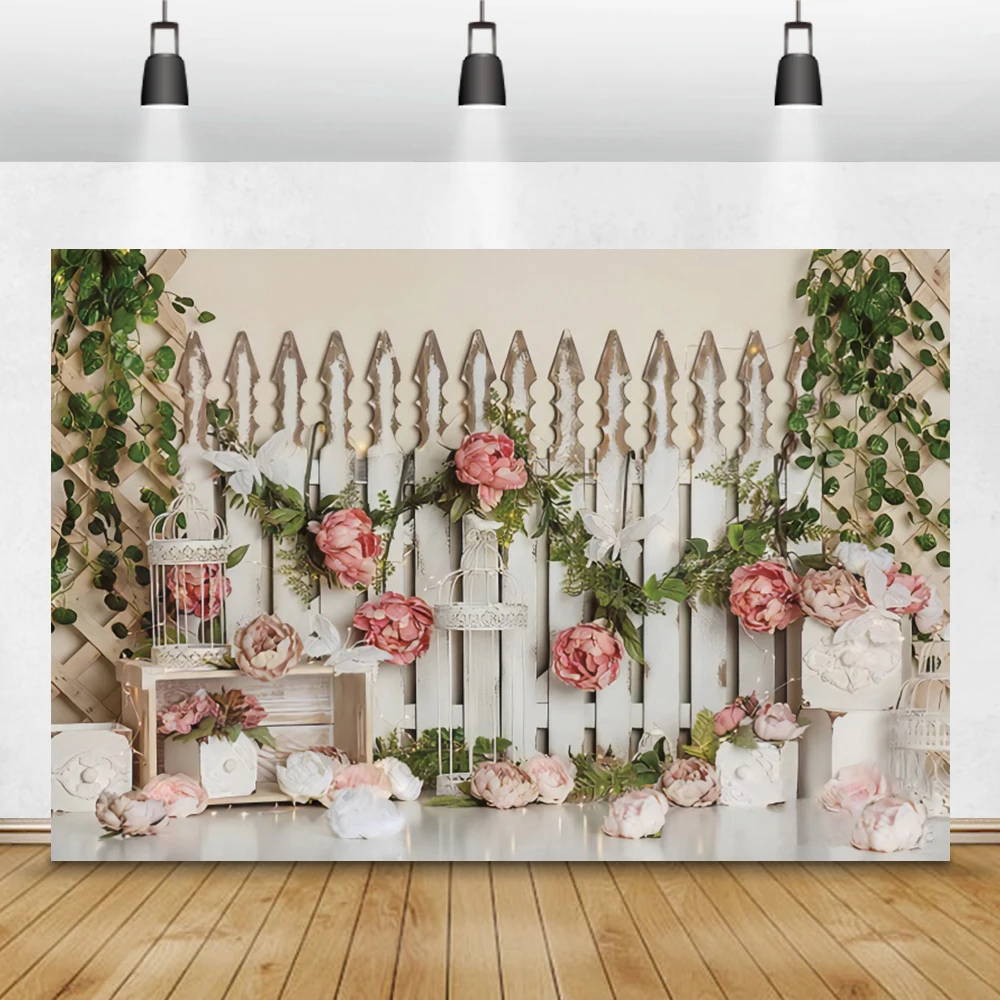 

Laeacco Spring Flowers Fence Floor Baby Shower Photography Backdrop Newborn Baby Birthday Party Interior Background Photo Studio