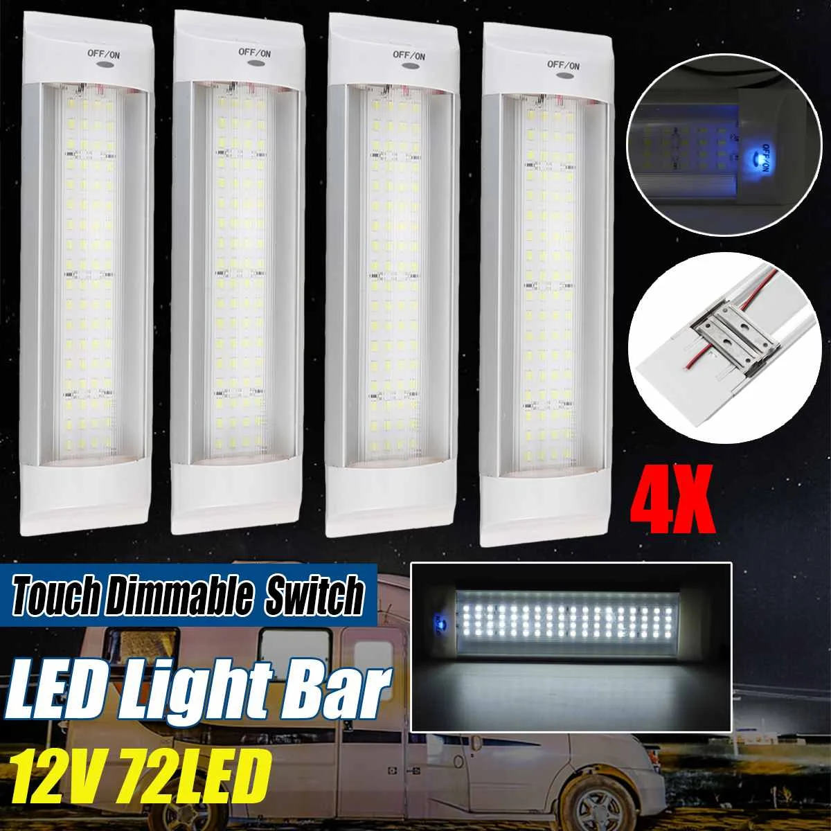 1/2/4Pcs 72 LED Car Interior White Strip Light Bar Car Interior Lamp With Dimmable On/Off Switch For Boat Van Lorry Truck Camper