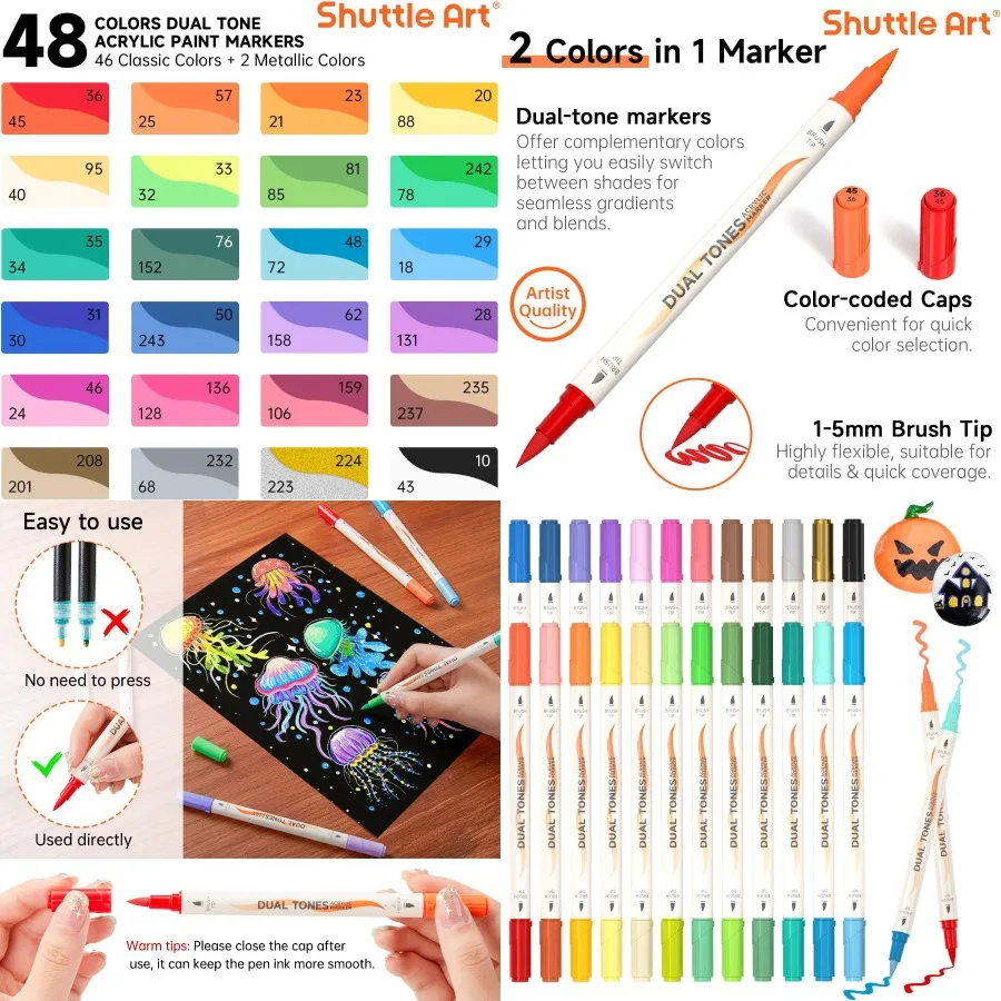 シャトルアート-24本入り-デュアルトーン-アクリルペイントマーカー-48色-ロックペイント-セラミックアート-木製装飾-キャンバスペイント用