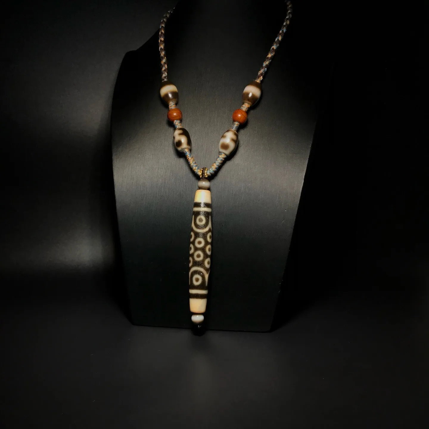Tibetan Old Oily Agate Dzi 21 Eyes Bead Amulet Necklace J0529