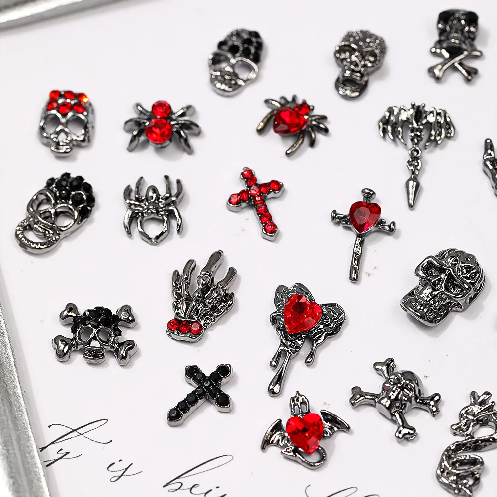 10pc gótico 3d halloween arte do prego decoração acessórios crânio escuro cruz aranha encantos para unhas design manicure decoração suprimentos
