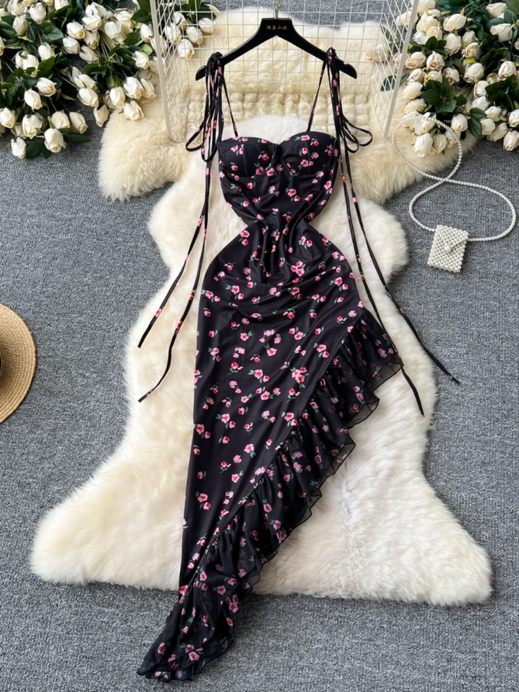 Foamlina Women Elegant Floral Print Summer Dress Sexy Tie-up Spaghetti Strap Sleeveless Slim Ruffles Irregular Party Long Dress