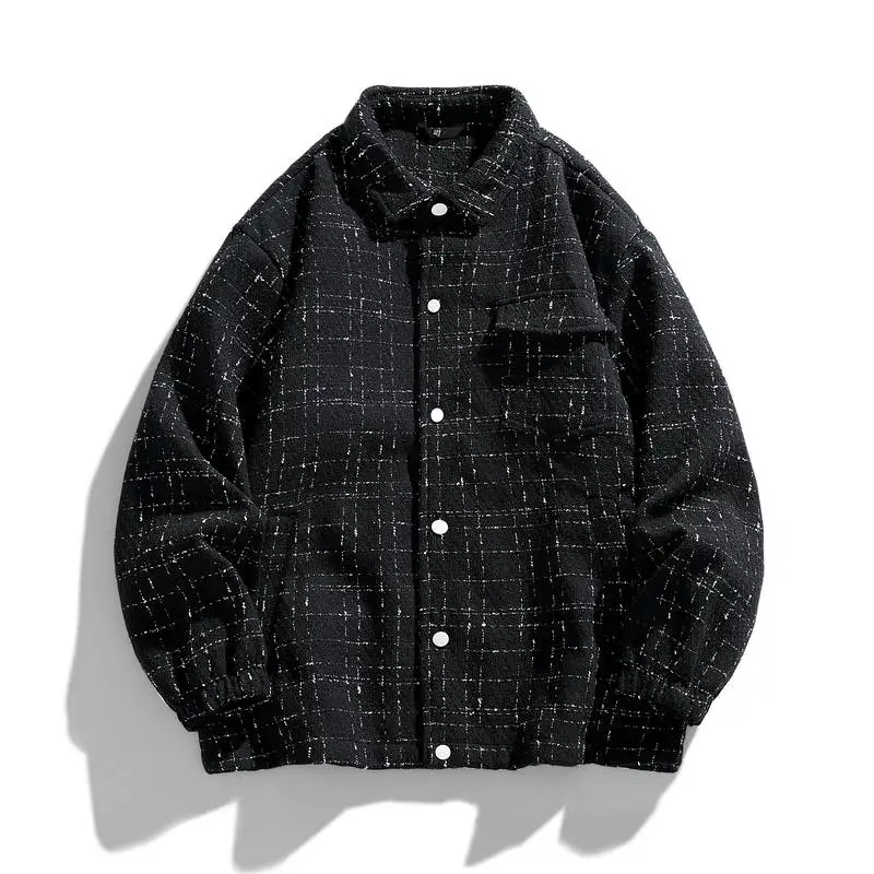 Autumn and Winter Men's Patchwork Plaid Small Fragrant Style Lapel Loose Fashion Casual Versatile Cotton Long Sleeved Jacket