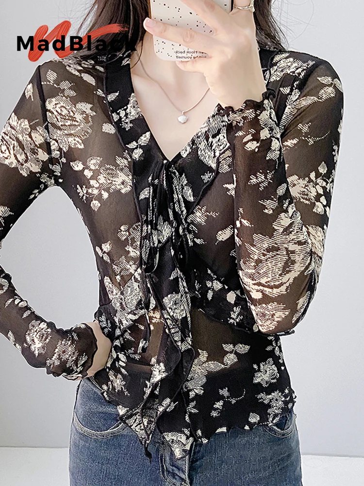 

MadBlack-Women European T-Shirt, Sexy V Neck Print Ruffles, Fashion Long Sleeve Slim Mesh S-3XL Tee, 2025 Autumn New T59306CC