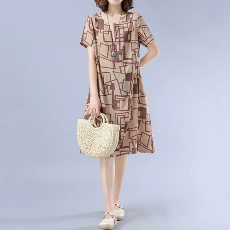 Summer Women Retro Ethnic Style Cotton Linen Floral Print Loose Casual Short Sleeve Midi Dress Elegant Fashion Dresses Vestidos