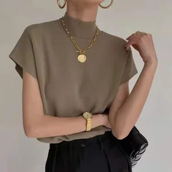 1pc Shirt And Blouses Office Lady Fashio Summer Woman Stand-up Collar Knitted Vest Loose Elegant Tops Short Sleeve 1pc Shirt And