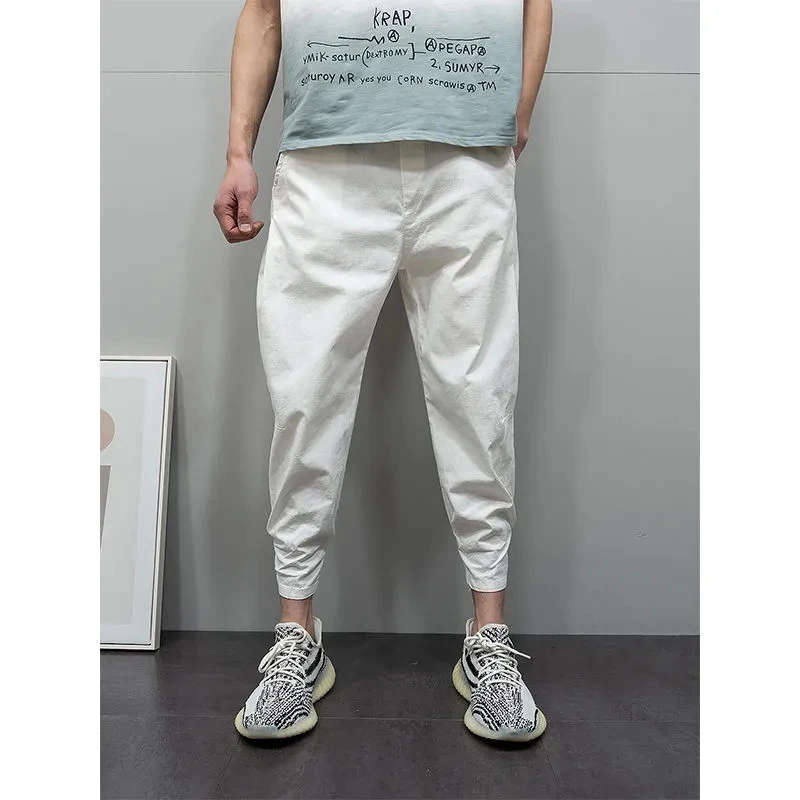 

Summer 2024 New Casual Pants Homme Pure Cotton Haren Pants Korean Trend Solid Color All-match Nine Points Pants For Men Clothing