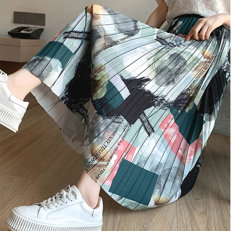 

Styles Vintage Pleated Skirt Fashion Letter Print High Waist Stretchy Long Skirts Europe and America Summer Beach