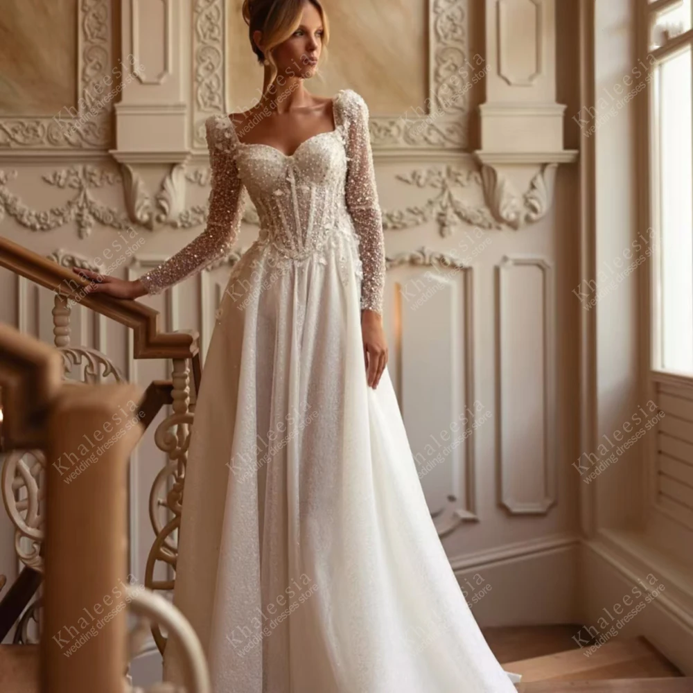 

Gorgeous Wedding Dresses Glamorous Bridal Gowns Lace Appliques Full Sleeves Robes Sequin Beading Vestidos De Novia Customized