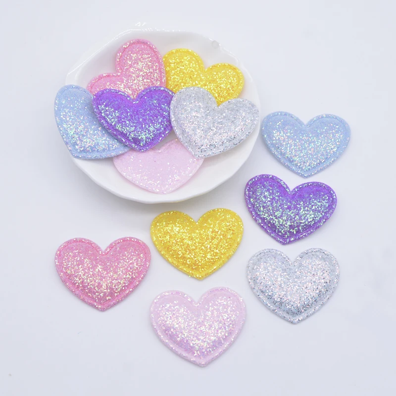 50Pcs 35*30mm Glitter Fabric Padded Heart Applique for DIY Headwear Hair Clips Headbands Decor Hats Clothes Accessoies Patches