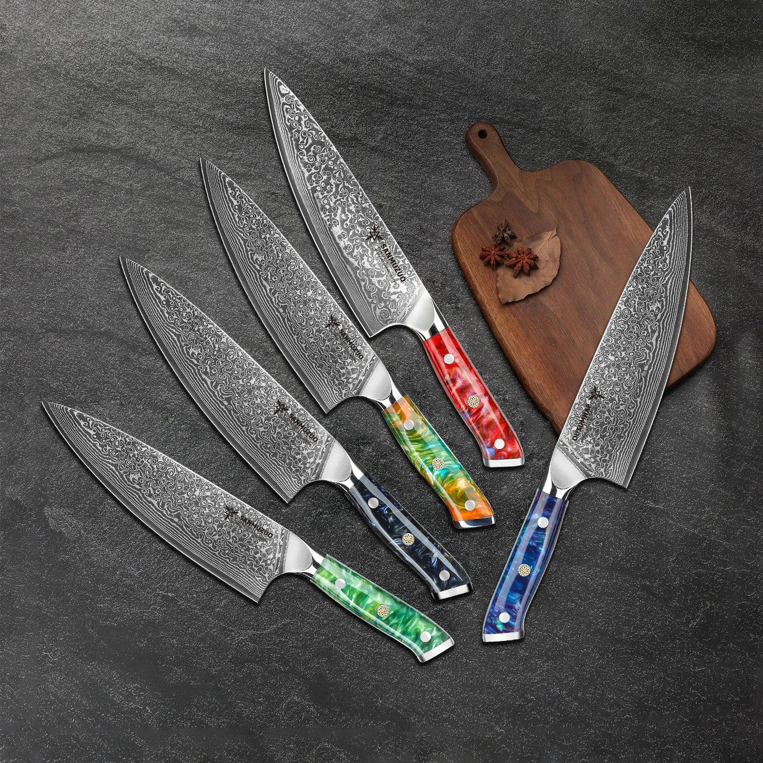 SANMUZUO Set 3PCS Chef Knife - Xuan Series - VG10 Damascus Steel Utility Santoku Chef Kitchen Knives - Resin Handle