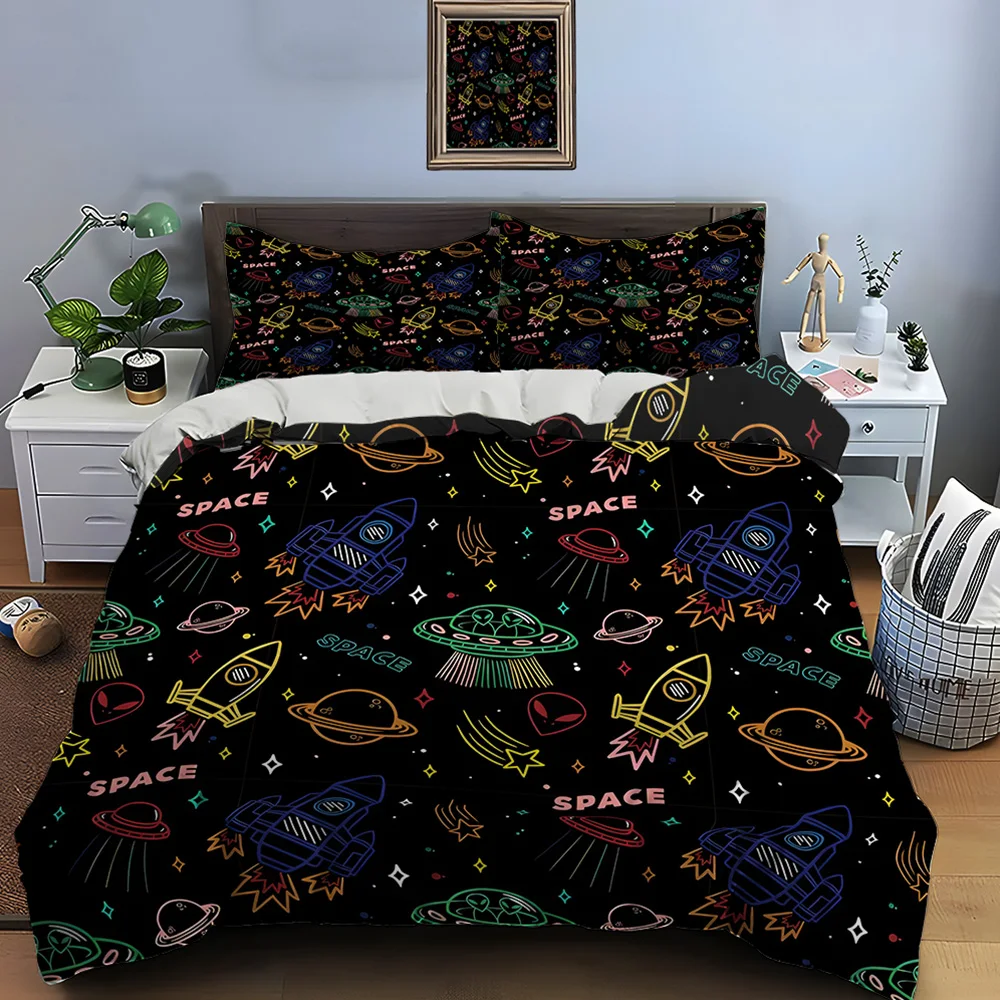 Juego de Ropa de Cama con Diseño de Naves Espaciales y Elementos Alienígenas para Niños, Regalo de Lujo, 3 Piezas, Juego de Edredón con Estampado Digital, Suave, Cómodo y Transpirable