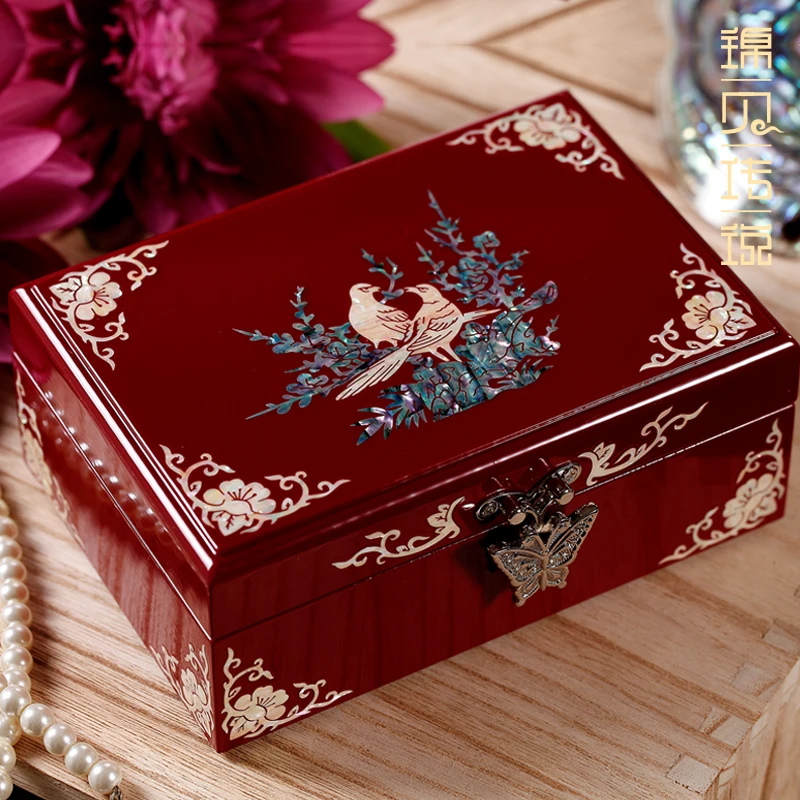 Mother-of-Pearl Lacquer Jewelry Box Small Solid Wood Jewelry Ornament Certificate Box Wedding Gift