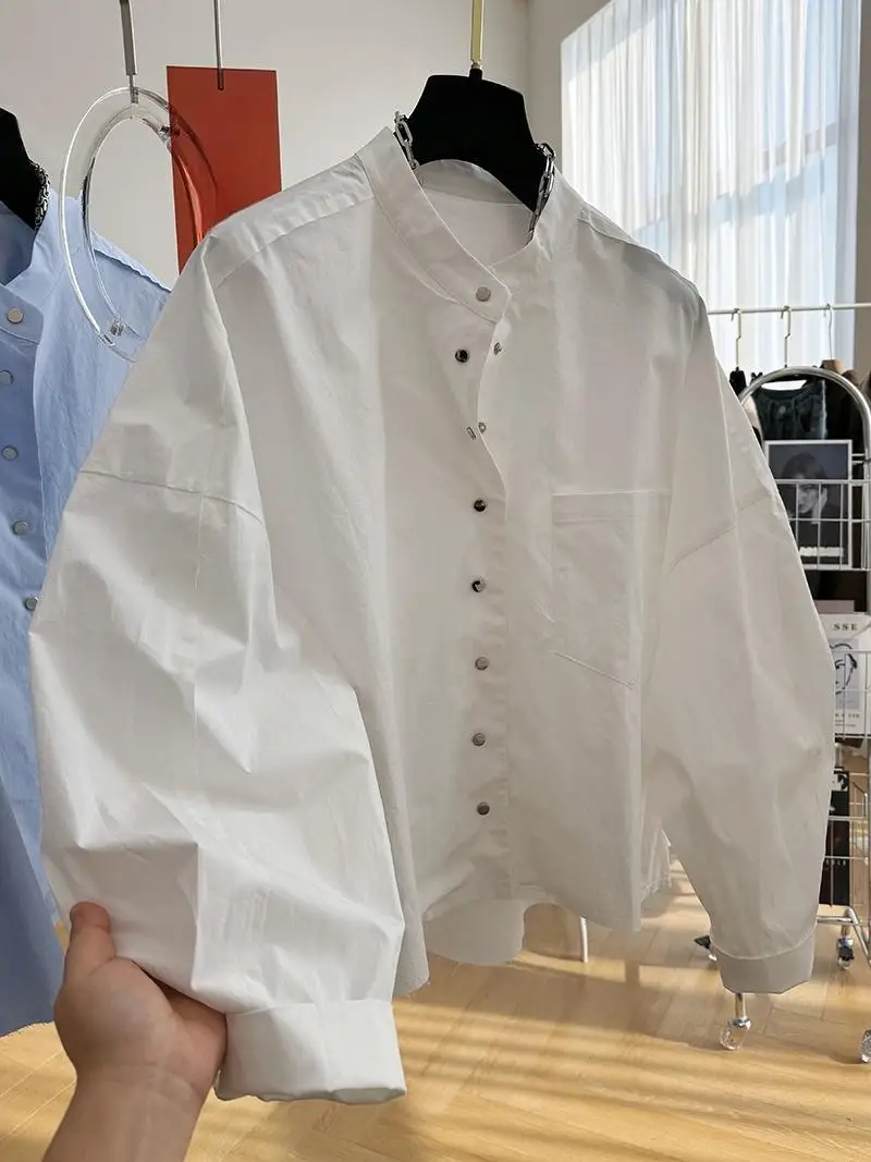 Stand Collar Long Sleeve Loose Shirts Single Breasted Solid Casual Blouse Women 2024 New Korean Chic Elegant Blusas Mujer Moda