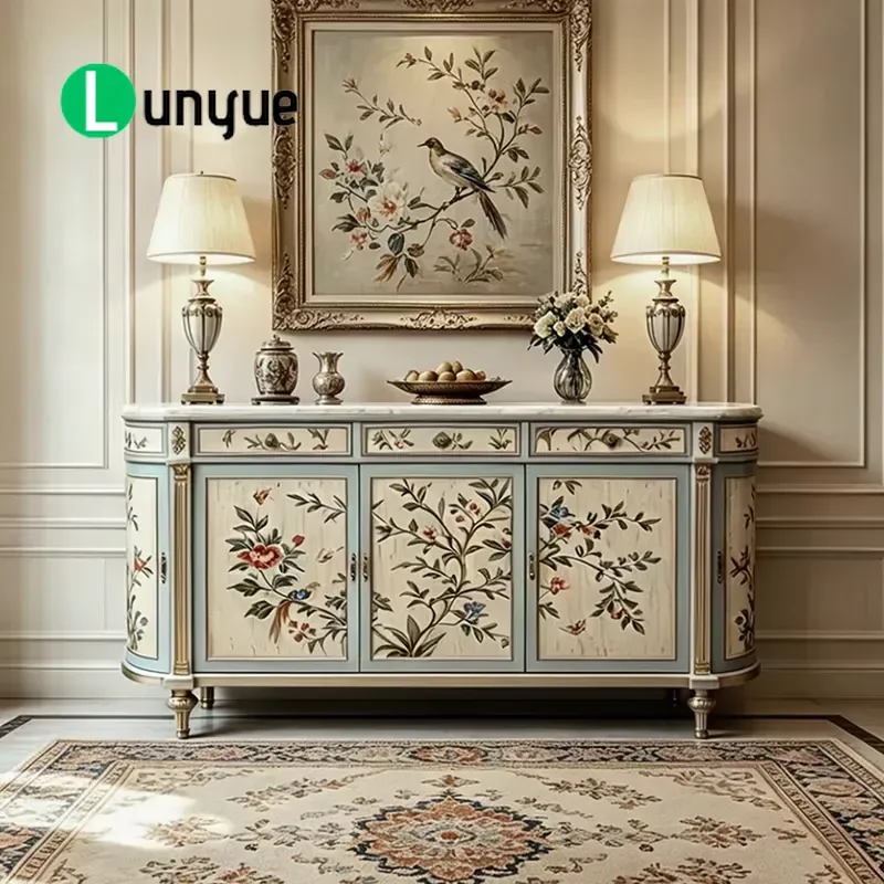 French Retro Painted Dining Side Cabinet with Marble Countertop Drawer Storage Locker Decorative Furniture Customizable