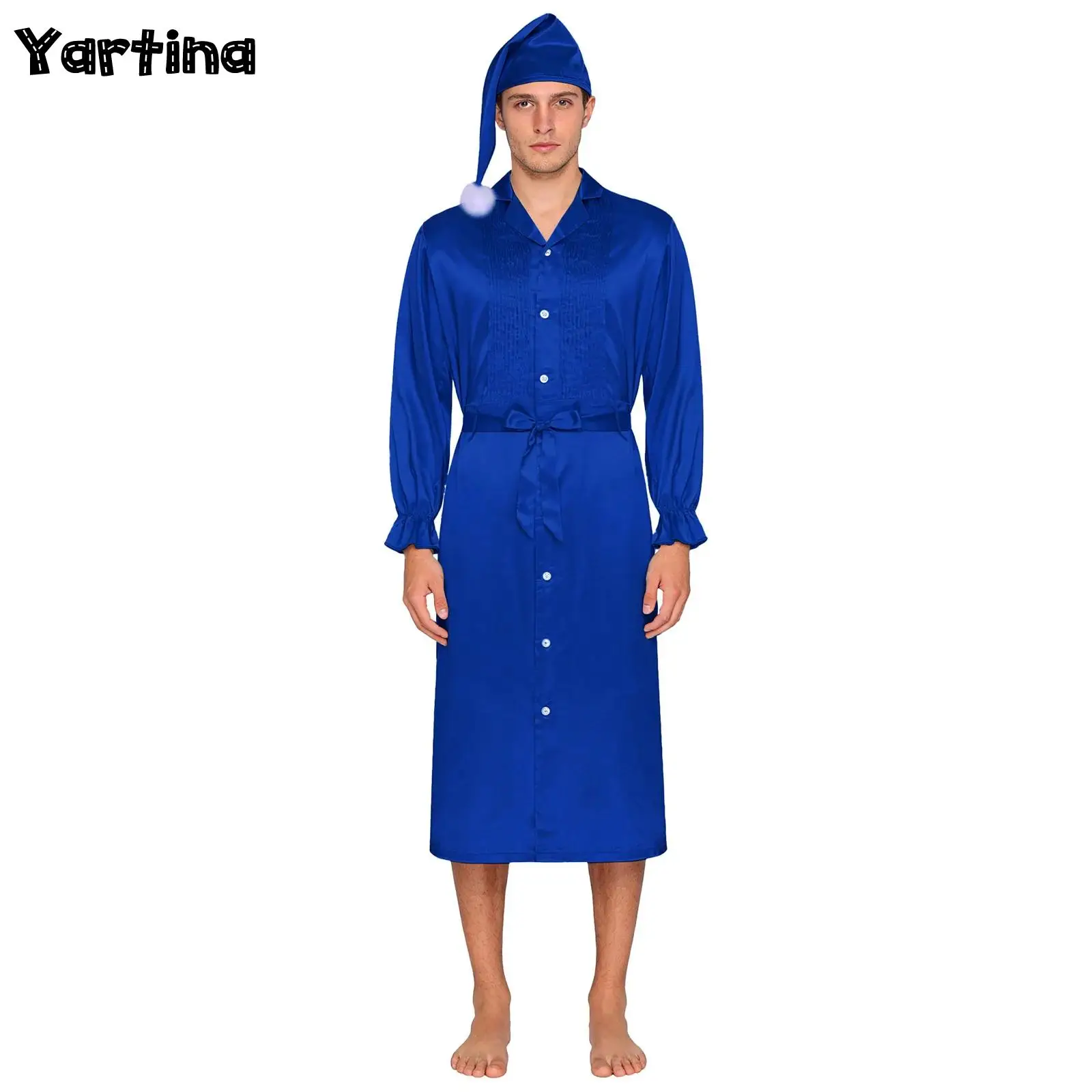 

Мужской пижамный комплект в стиле сисси: сатиновая ночная рубашка с шапочкой для сна, длинными рукавами, оборками на манжетах, плиссированным лифом и поясом. Винтажный костюм.