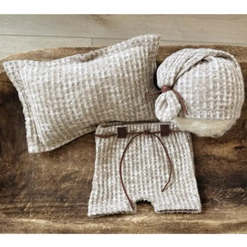

3 PCs Newborn Photography Props Clothing Soft Knitted Baby Pillow Hat Pants Outfit Accessories For 0-3 Months Photo