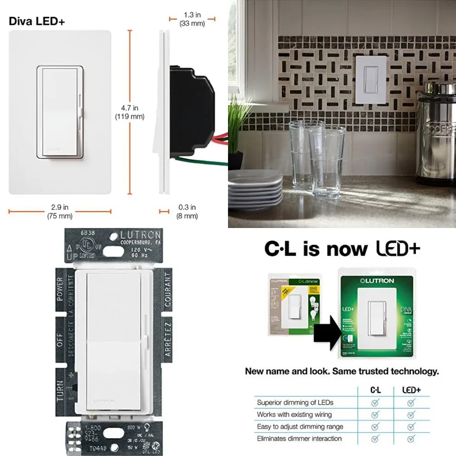 Diva LED+ Dimmer Switch for Dimmable LED, Halogen and Incandescent Bulbs, 150W/Single-Pole or 3-Way, DVSCCL-153P-SW, Snow