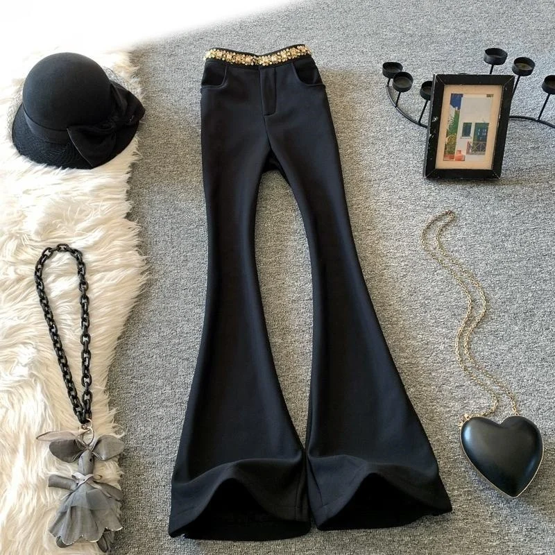 موضة جديدة سليم متوهج السراويل النساء الخريف عالية الخصر رقيقة الماس جيب جرس قيعان دعوى بنطلون الملابس النسائية