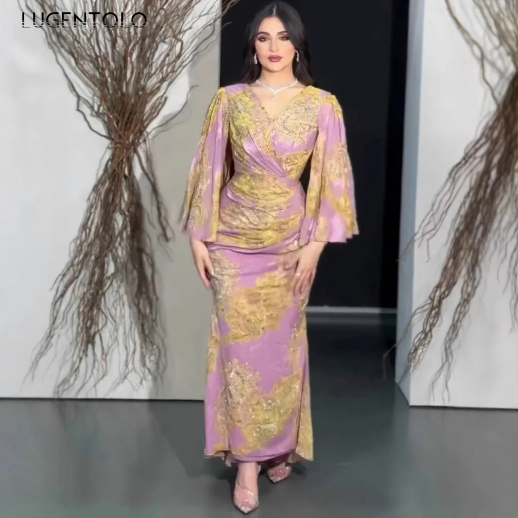 المرأة الشيفون فستان مثير كبير سوينغ طباعة مأدبة طويلة الأكمام الخامس الرقبة سليم سيدة أنيقة كوكتيل حفلة الإمبراطورية ملابس جديدة