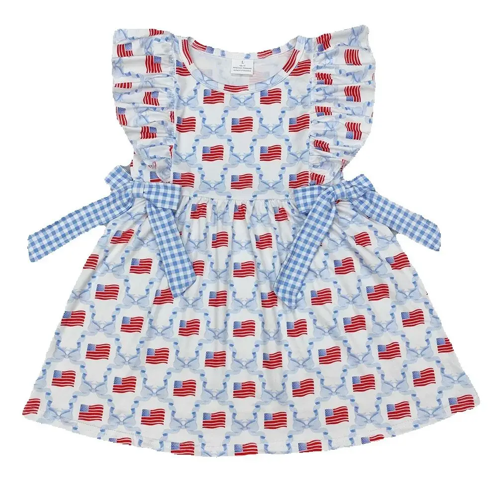 

3.14 GSD1641 National Day Red Flag Blue Plaid Bowtie Pattern Sleeveless Girls Dress Festive Casual Children's Wear