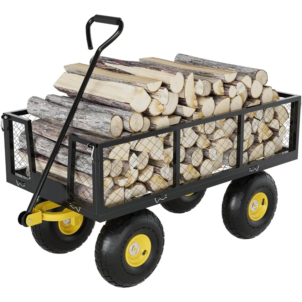 

500 Lbs Garden Wagon, 2-in-1 Heavy-Duty Steel Garden Cart, with 10 Inch All-Terrain Tires and Removable Mesh Side Panels, 180° R