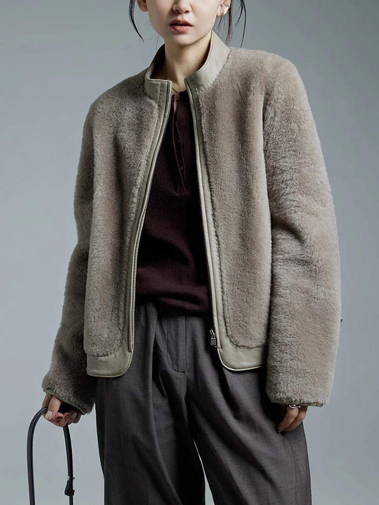 

High-end Luxury Merino Sheep Fur Shearling Jackets for Women 2025 Simple Stand Collar Short Winter Genuine Leather Real Fur Coat