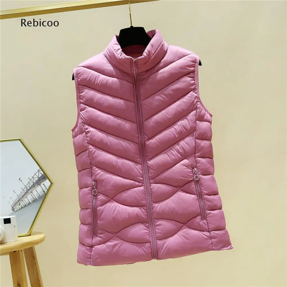 Ladies Solid Sleeveless Padded Gilet Stand Collar Zip Closure Chevron Quilting Side Zipper Pockets Casual Warm Daily Outer Vest