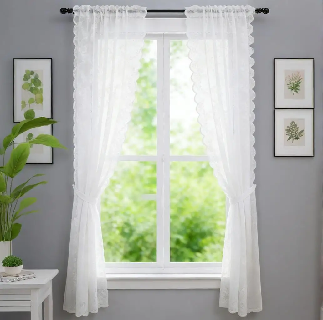 1 Pair Vintage Lace Curtains Romantic Flowers Branch Sheer Lacy Curtains for Living Room French Door Bedroom Window Screening
