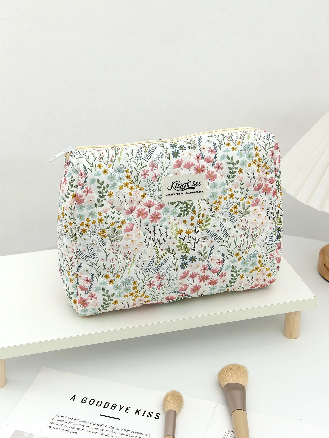 1 borsa per il trucco trapuntata floreale verde, borsa per il trucco carina di grande capacità, borsa per il trucco portatile multifunzionale