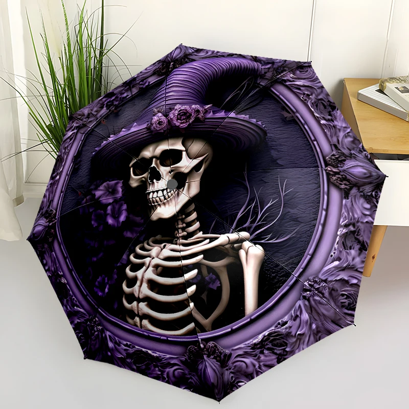 Skeleton Theme Design Folding Umbrella - Fashionable Auto-Open Design 8 Iron Ribs Plastic Handle Foldable Sunshade，Perfect Gifts