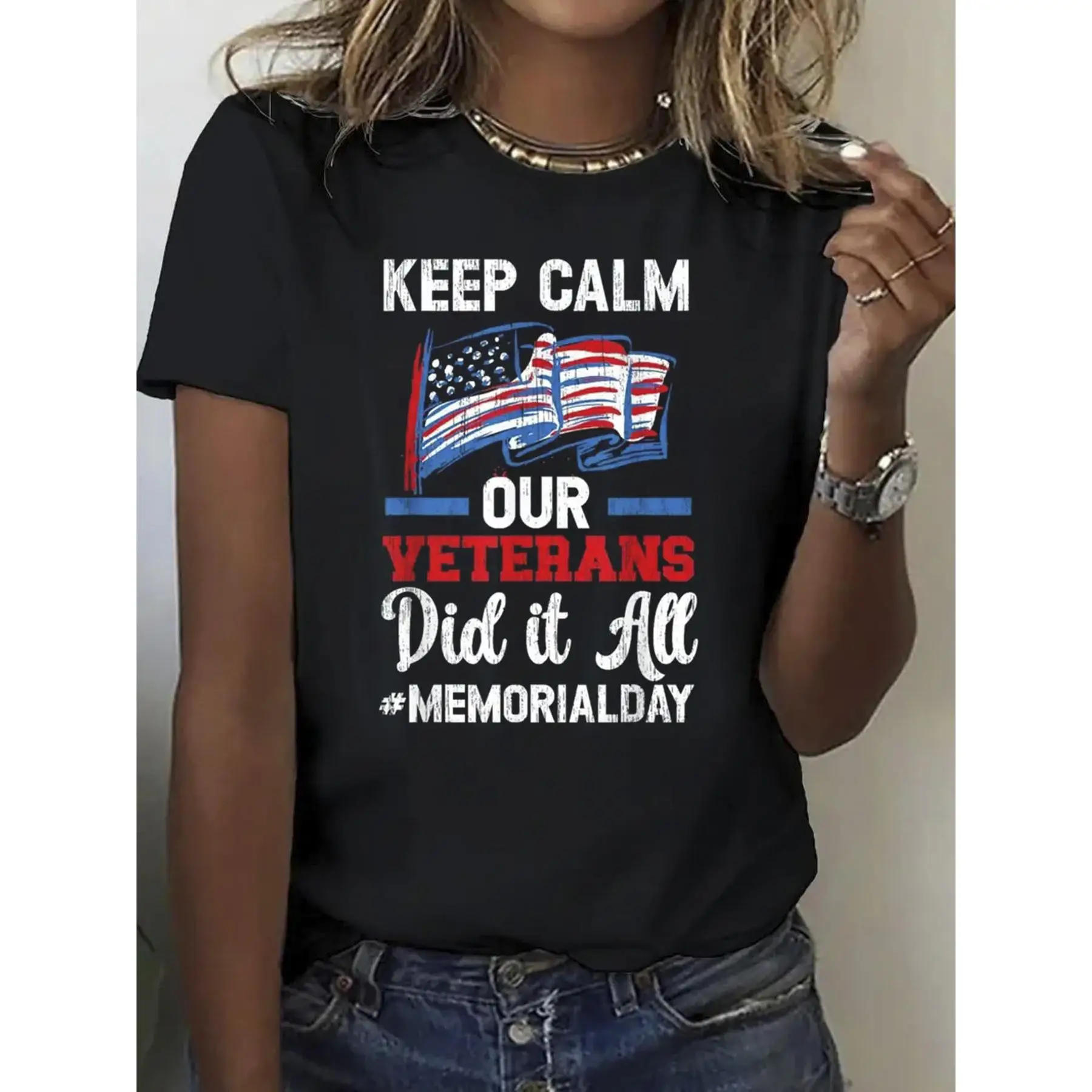 

Women's 100% Cotton Memorial Day T-Shirt - Patriotic "Keep Calm Our Veterans Did It All" Graphic Tee with American Flags, Breath