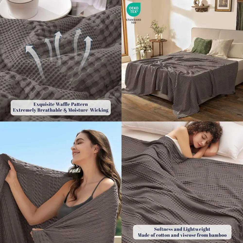 

Вафельное одеяло из бамбукового вискозы и хлопка King Size, дышащее и легкое для горячих спалений, 104x90, темно-серый
