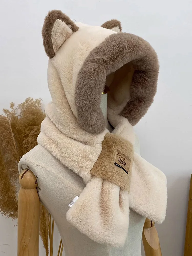 Hat Scarf One Woman Winter All Cute Fluffy Hat Warm Winter Thickened Anti-Freeze Windproof Hooded Bib