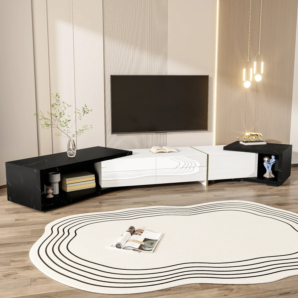 Moderner TV-Schrank mit variabler Länge (140–260 cm), drehbarer Funktion, weißes Hochglanz-Matt-Finish und goldenen Dekorationen – Detail 11
