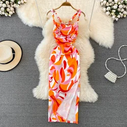 Sexy Print Lace Split Slip Dress Chic Off Shoulder Korean Fashion Beach Vacation Sundress Women Casual Slim Pencil Vestido