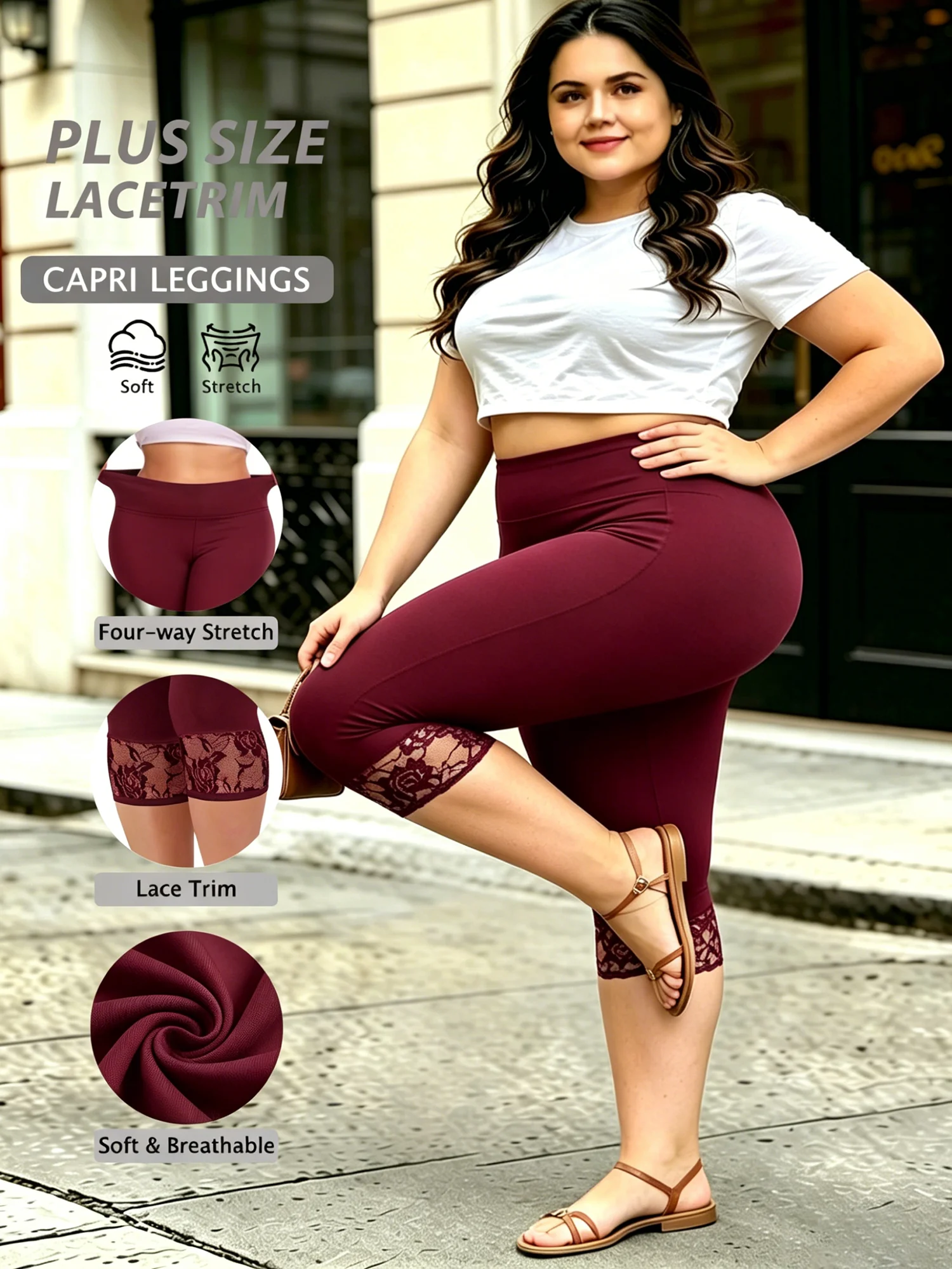 Capri Leggings Cropped Casual Daily Lace Trim Stretch Plus Size Summer Women Tight Pants view 6