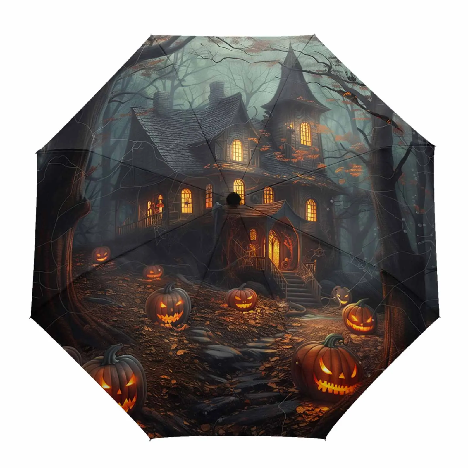 Halloween Castle Pumpkin Vintage Bat Grove Outdoor Fully-automatic Folding Eight Strands Umbrellas for Kids Printed Umbrella