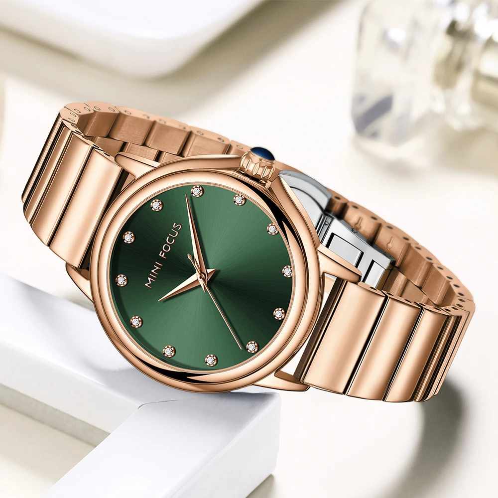 Mini Focus Vrouwen Quartz Horloge Met Groene Wijzerplaat Rose Goud Roestvrij Stalen Band Waterdicht Analoog Polshorloge Met Kristal 0493