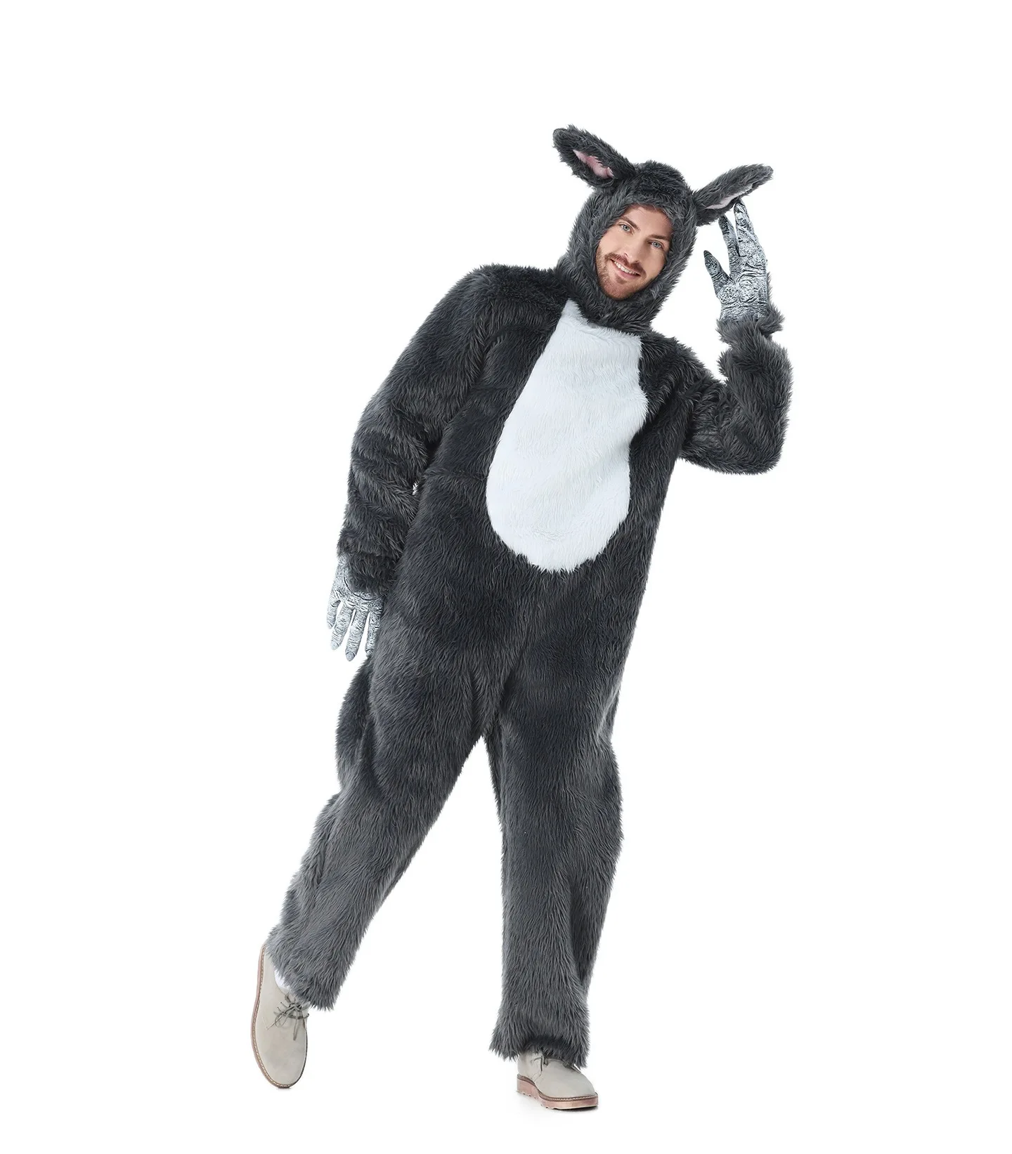 Flauschiger Herren-Wolf-Jumpsuit mit Kapuze und Wolfsohren, Weißer Bauch-Design, Erwachsenen-Halloween-Tier-Cosplay-Outfit – Detail 4