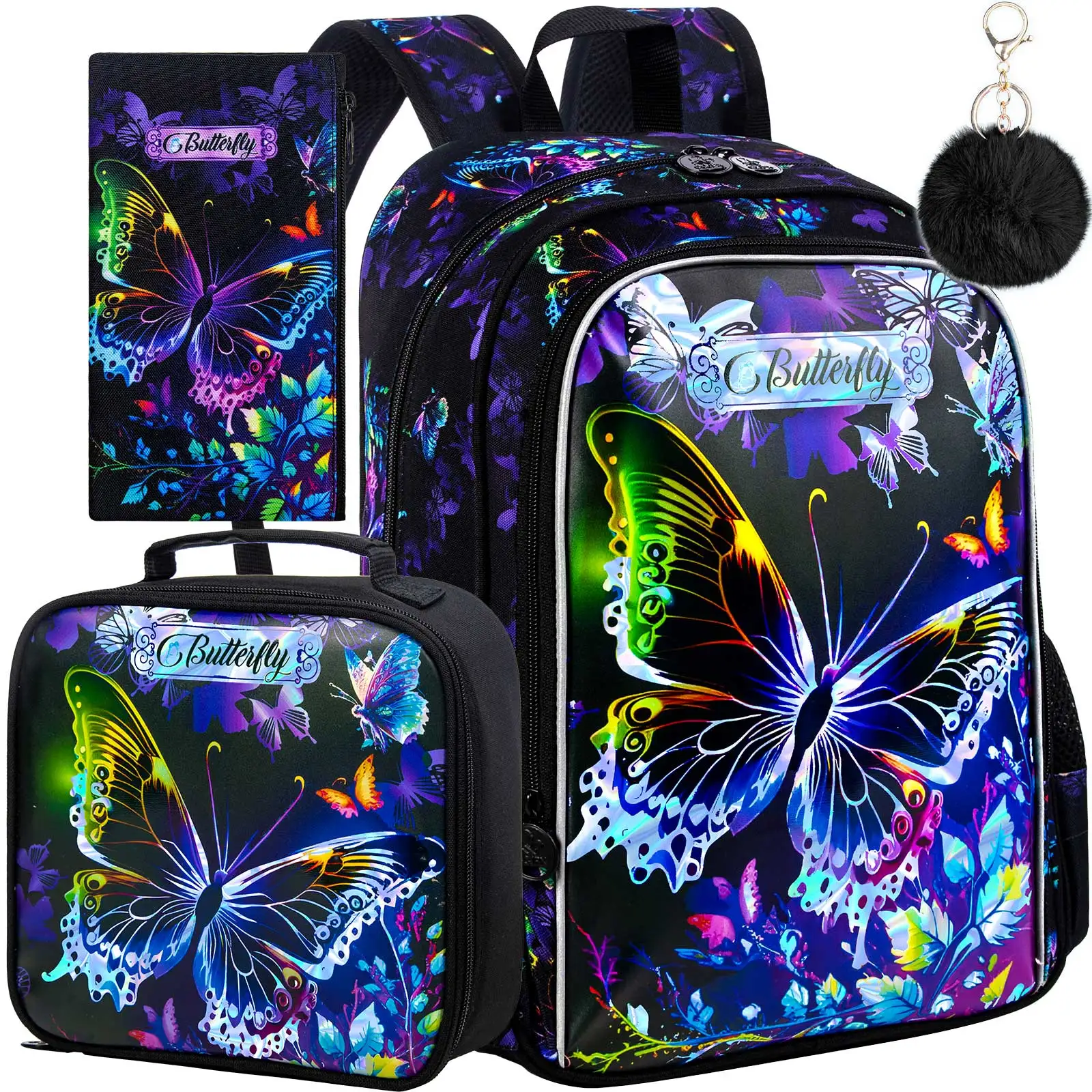 kid's-backpack-3pcs16-inch-black-colorful-butterfly-large-capacity-lightweightone-backpackone-handbagone-pencil-case